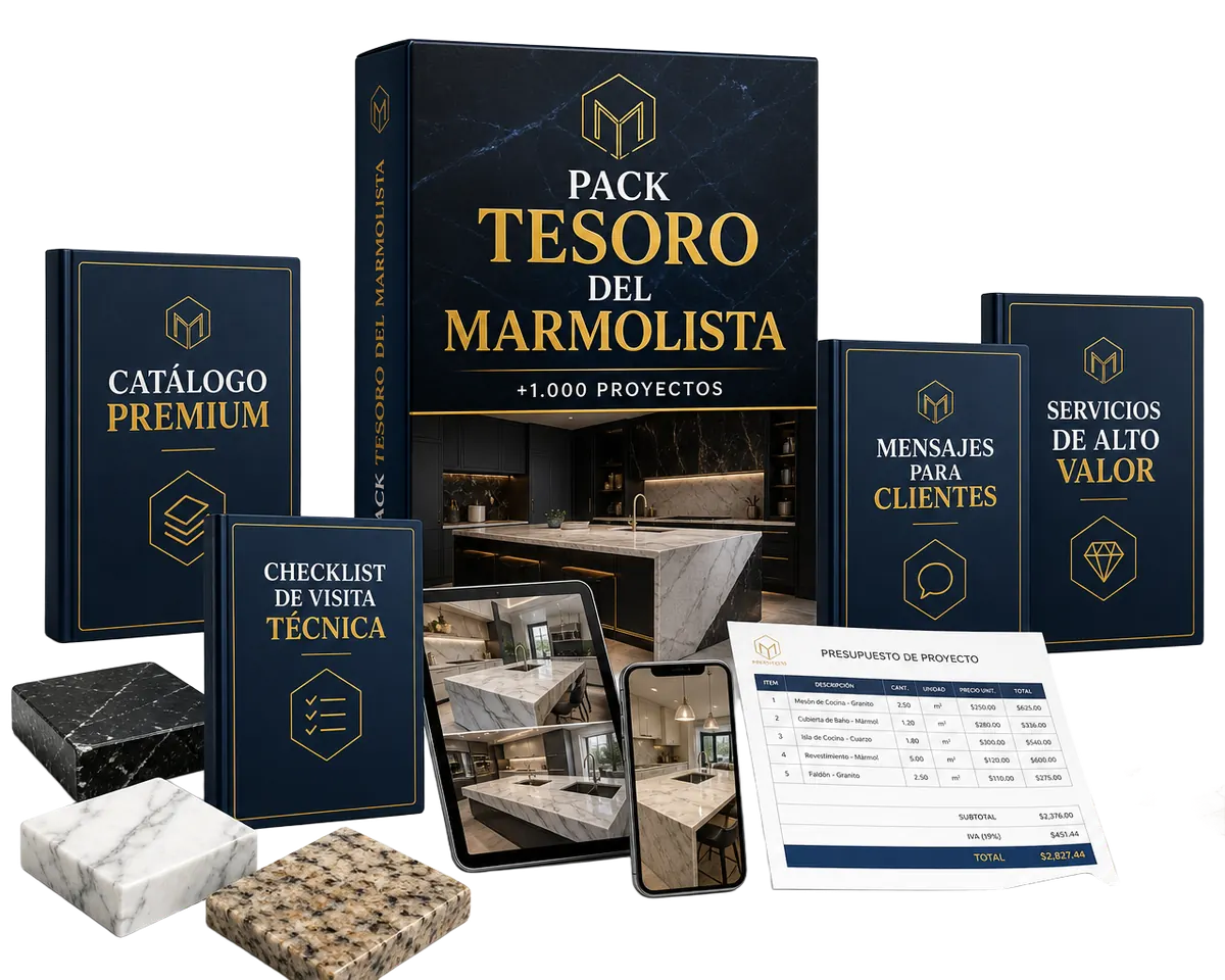 Pack Tesoro del Marmolista: caja del producto con los bonos Catálogo Premium, Checklist de Visita Técnica, Mensajes para Clientes y Servicios de Alto Valor, tablet, celular y muestras de piedra