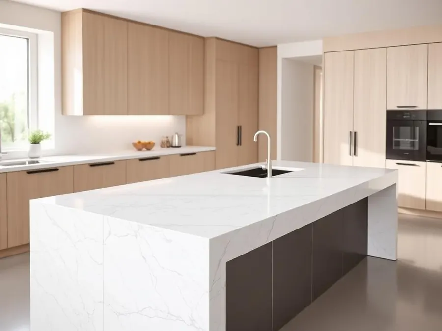Isla de cocina con cubierta de piedra clara veteada