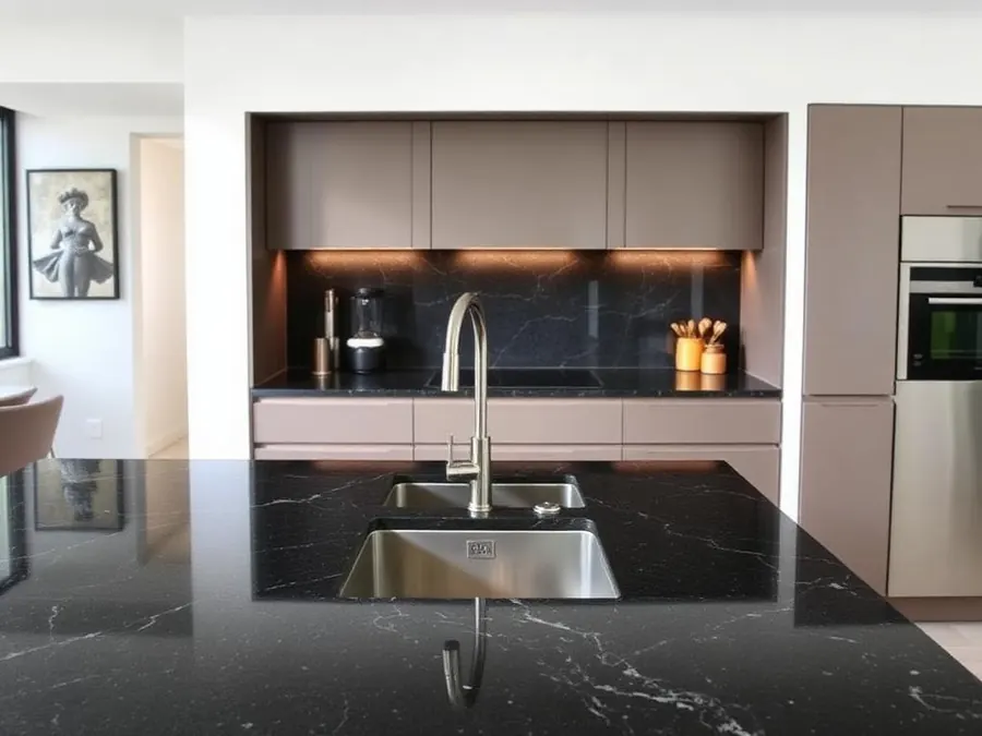 Cubierta de cocina moderna en granito oscuro con fregadero