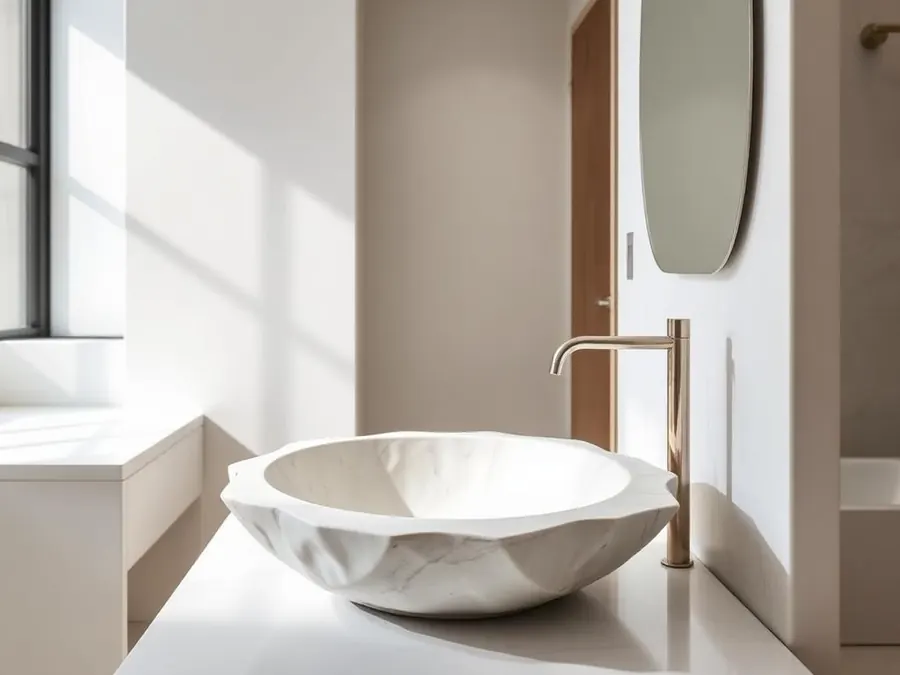 Lavabo esculpido en mármol blanco sobre mueble de baño